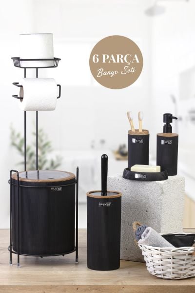 Okyanus Home Siyah Ahşap Desenli Mina Yedekli Wc Kağıtlık ve 6 Parça Banyo Seti