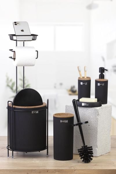 Okyanus Home Siyah Ahşap Desenli Mina Yedekli Wc Kağıtlık ve 6 Parça Banyo Seti