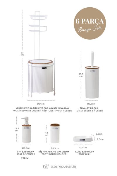 Okyanus Home Beyaz Ahşap Desenli Mina Yedekli Wc Kağıtlık ve 6 Parça Banyo Seti
