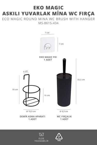 Okyanus Home Siyah Eko Magic Askılı Yuvarlak Mina Wc Fırçalık