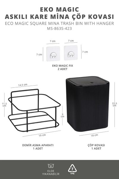 Okyanus Home Siyah Eko Magic Askılı Kare Mina Çöp Kovası