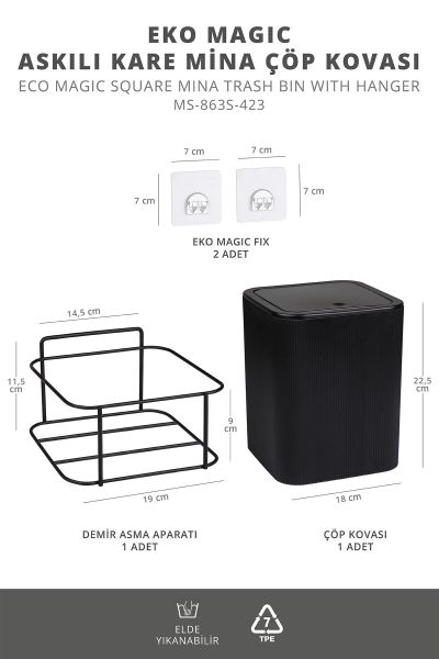 Okyanus Home Siyah Eko Magic Askılı Kare Mina Çöp Kovası