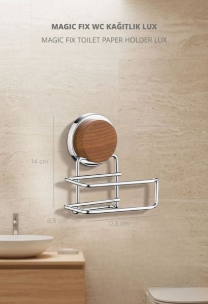 Okyanus Home Ahşap Desenli Magic Fix Sihirli Yapışkan Krom Lux WC Kağıtlık MGK-708W