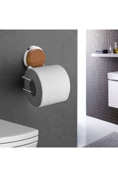 Okyanus Home Ahşap Desenli Magic Fix Sihirli Yapışkan Krom Lux WC Kağıtlık MGK-708W
