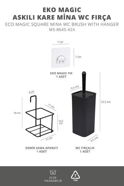 Okyanus Home Siyah Eko Magic Askılı Kare Mina Wc Fırçalık