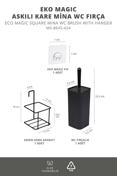 Okyanus Home Siyah Eko Magic Askılı Kare Mina Wc Fırçalık