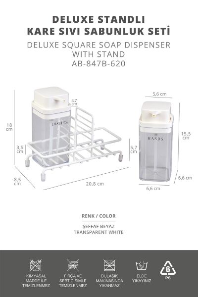 Okyanus Home Beyaz Deluxe Kare Standlı 2'li Şeffaf Sıvı Sabunluk