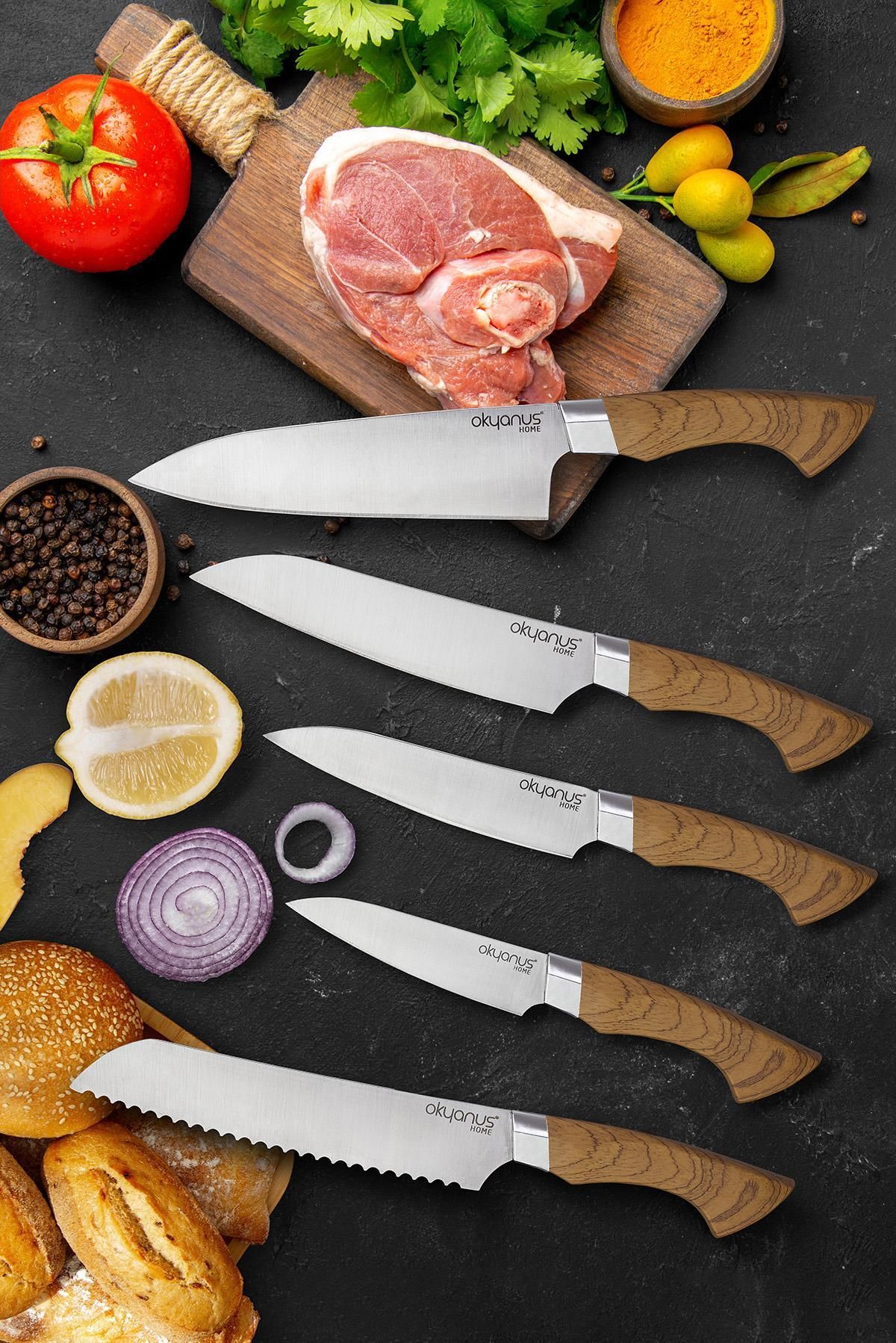 Okyanus Home Ahşap Kaplamalı Standlı 5 Parça Bıçak Seti