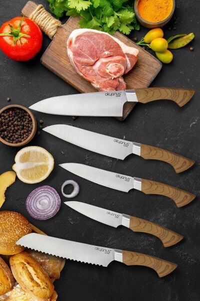 Okyanus Home Ahşap Kaplamalı Standlı 5 Parça Bıçak Seti