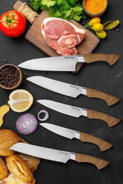 Okyanus Home Ahşap Kaplamalı Standlı 5 Parça Bıçak Seti