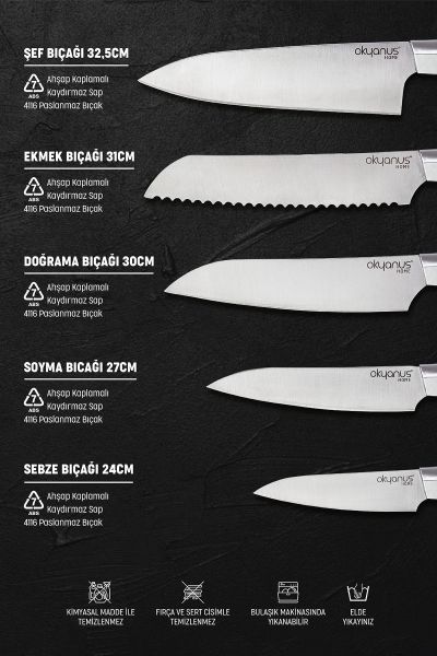 Okyanus Home Ahşap Kaplamalı Standlı 5 Parça Bıçak Seti