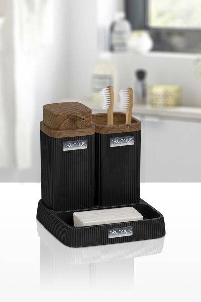 Okyanus Home Stella Siyah Ahşap Desenli Lavabo Seti