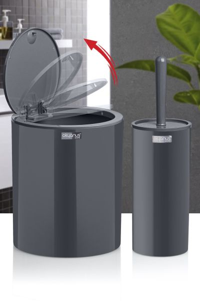 Okyanus Home Antrasit Click Kapak Yuvarlak 2'li Wc Kova ve Fırça Seti