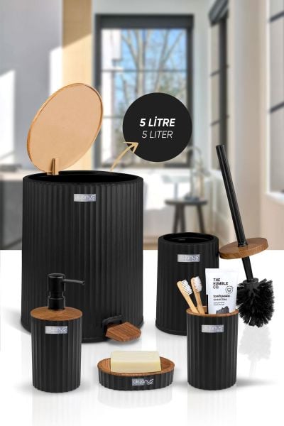 Okyanus Home Coliseum Siyah Ahşap Desenli Kovalı Pedallı 5'li Banyo Seti