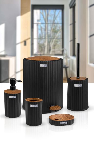 Okyanus Home Coliseum Siyah Ahşap Desenli Kovalı Pedallı 5'li Banyo Seti