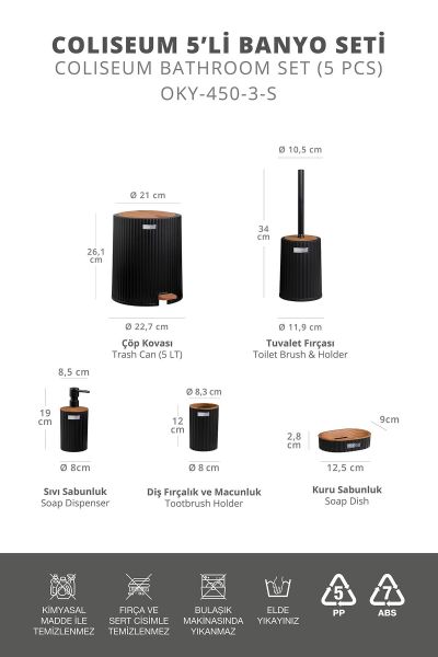 Okyanus Home Coliseum Siyah Ahşap Desenli Kovalı Pedallı 5'li Banyo Seti