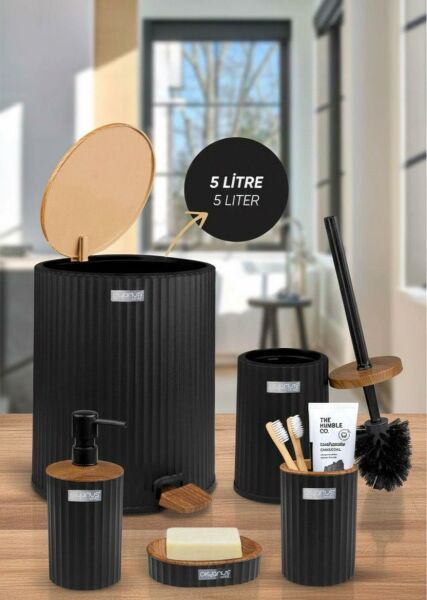 Okyanus Home Coliseum Siyah Ahşap Desenli Kovalı Pedallı 5'li Banyo Seti