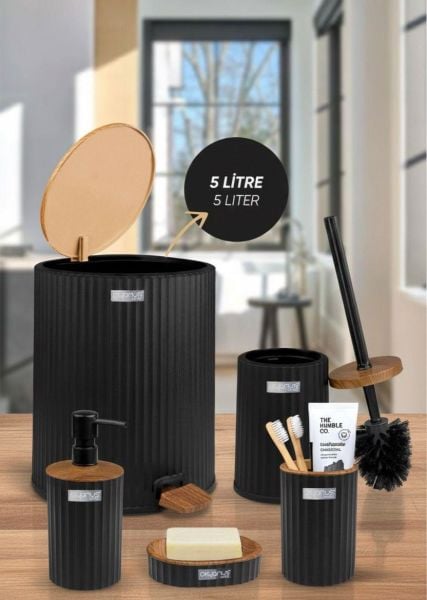 Okyanus Home Coliseum Siyah Ahşap Desenli Kovalı Pedallı 5'li Banyo Seti