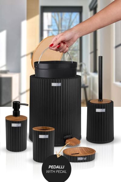 Okyanus Home Coliseum Siyah Ahşap Desenli Kovalı Pedallı 5'li Banyo Seti