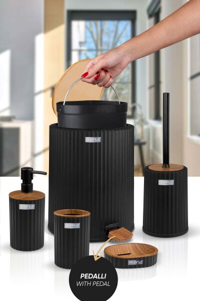 Okyanus Home Coliseum Siyah Ahşap Desenli Kovalı Pedallı 5'li Banyo Seti