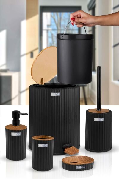 Okyanus Home Coliseum Siyah Ahşap Desenli Kovalı Pedallı 5'li Banyo Seti