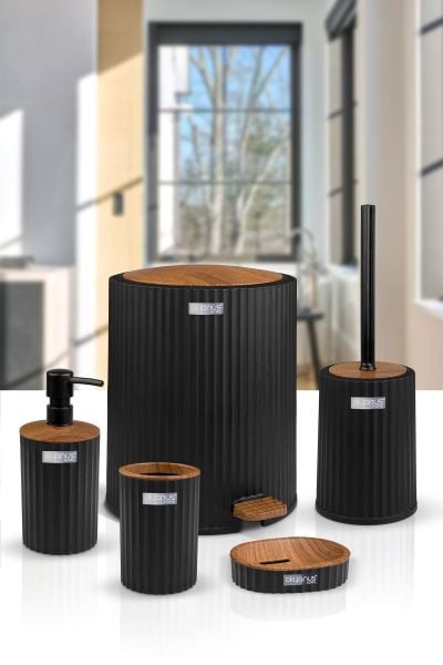 Okyanus Home Coliseum Siyah Ahşap Desenli Kovalı Pedallı 5'li Banyo Seti