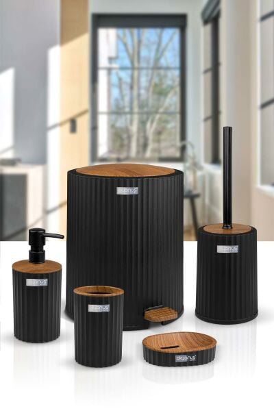 Okyanus Home Coliseum Siyah Ahşap Desenli Kovalı Pedallı 5'li Banyo Seti