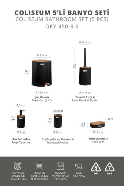 Okyanus Home Coliseum Siyah Ahşap Desenli Kovalı Pedallı 5'li Banyo Seti