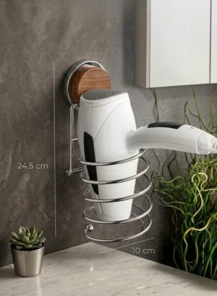 Okyanus Home Ahşap Desenli Magic Fix Sihirli Yapışkan Krom Saç Kurutma Makine Askısı