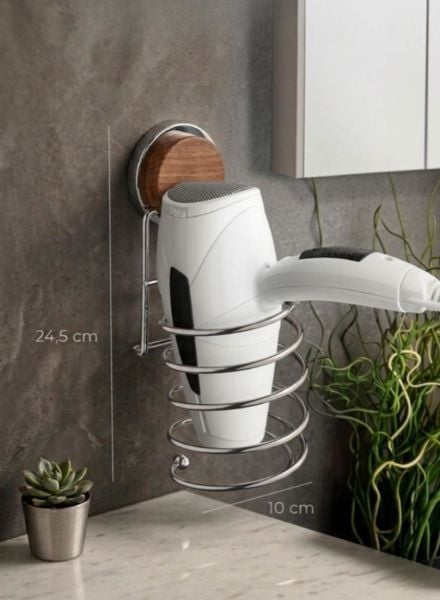Okyanus Home Ahşap Desenli Magic Fix Sihirli Yapışkan Krom Saç Kurutma Makine Askısı