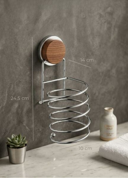 Okyanus Home Ahşap Desenli Magic Fix Sihirli Yapışkan Krom Saç Kurutma Makine Askısı