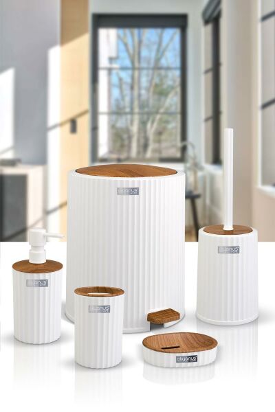 Okyanus Home Coliseum Beyaz Ahşap Desenli Kovalı Pedallı 5'li Banyo Seti