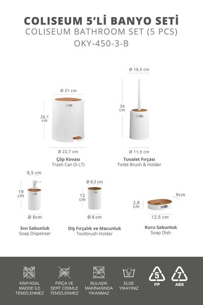 Okyanus Home Coliseum Beyaz Ahşap Desenli Kovalı Pedallı 5'li Banyo Seti