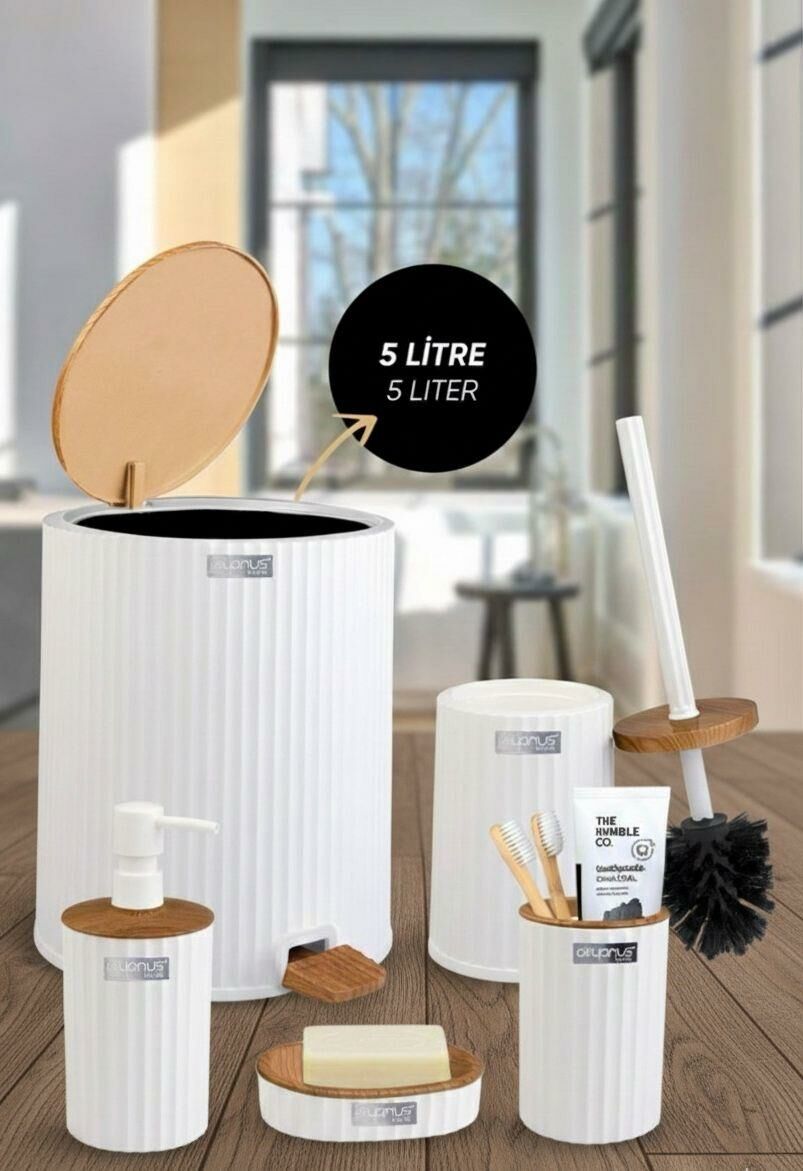 Okyanus Home Coliseum Beyaz Ahşap Desenli Kovalı Pedallı 5'li Banyo Seti