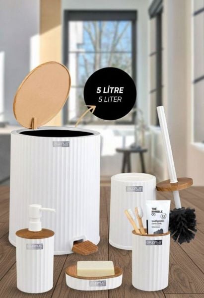 Okyanus Home Coliseum Beyaz Ahşap Desenli Kovalı Pedallı 5'li Banyo Seti