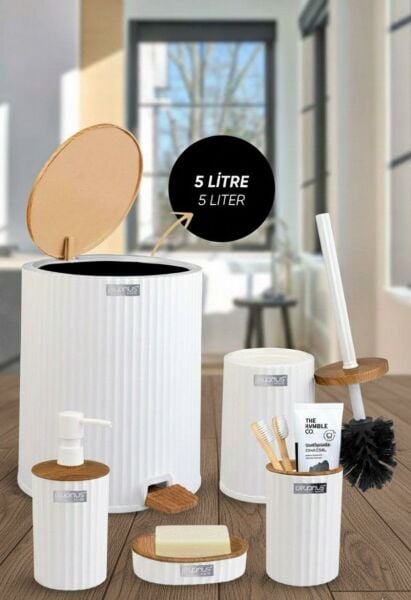 Okyanus Home Coliseum Beyaz Ahşap Desenli Kovalı Pedallı 5'li Banyo Seti