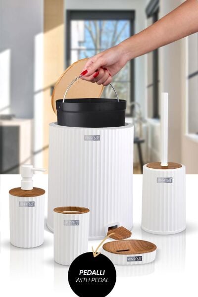 Okyanus Home Coliseum Beyaz Ahşap Desenli Kovalı Pedallı 5'li Banyo Seti