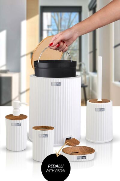 Okyanus Home Coliseum Beyaz Ahşap Desenli Kovalı Pedallı 5'li Banyo Seti