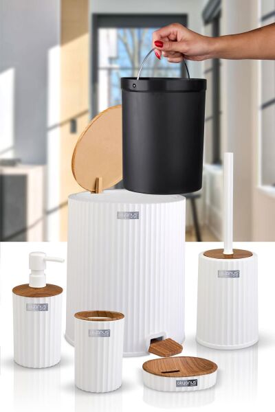 Okyanus Home Coliseum Beyaz Ahşap Desenli Kovalı Pedallı 5'li Banyo Seti
