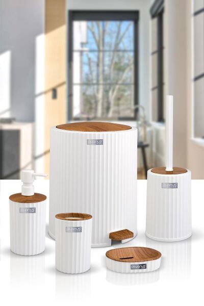 Okyanus Home Coliseum Beyaz Ahşap Desenli Kovalı Pedallı 5'li Banyo Seti