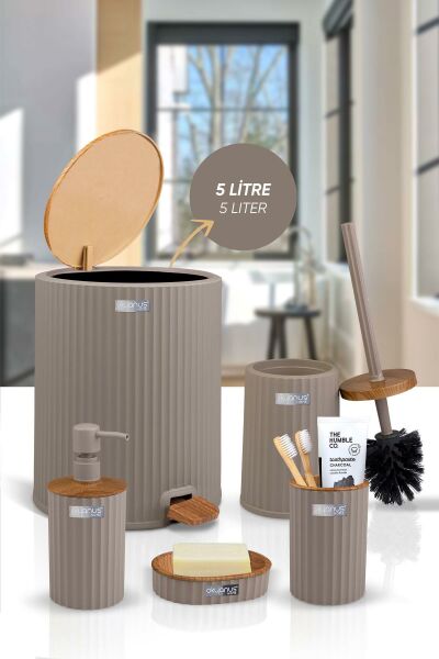 Okyanus Home Coliseum Vizon Ahşap Desenli Kovalı Pedallı 5'li Banyo Seti