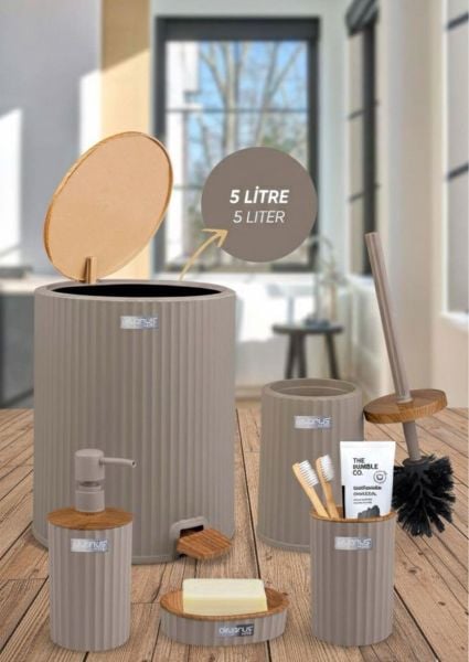 Okyanus Home Coliseum Vizon Ahşap Desenli Kovalı Pedallı 5'li Banyo Seti