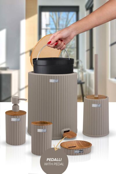 Okyanus Home Coliseum Vizon Ahşap Desenli Kovalı Pedallı 5'li Banyo Seti