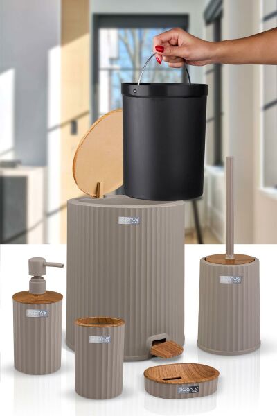 Okyanus Home Coliseum Vizon Ahşap Desenli Kovalı Pedallı 5'li Banyo Seti