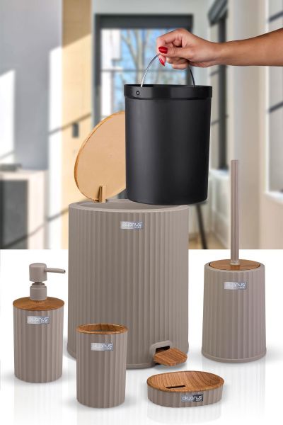 Okyanus Home Coliseum Vizon Ahşap Desenli Kovalı Pedallı 5'li Banyo Seti