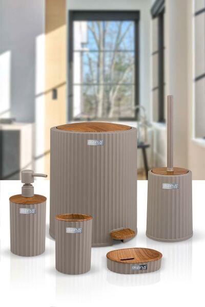 Okyanus Home Coliseum Vizon Ahşap Desenli Kovalı Pedallı 5'li Banyo Seti