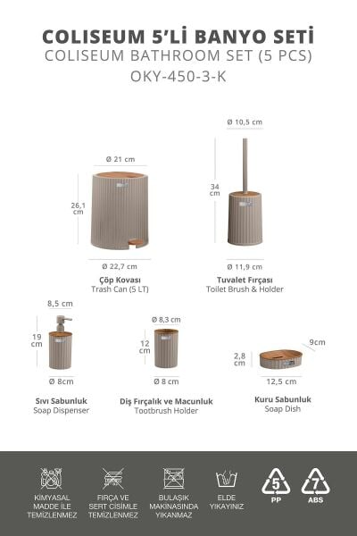 Okyanus Home Coliseum Vizon Ahşap Desenli Kovalı Pedallı 5'li Banyo Seti