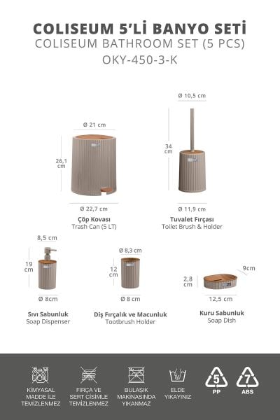 Okyanus Home Coliseum Vizon Ahşap Desenli Kovalı Pedallı 5'li Banyo Seti