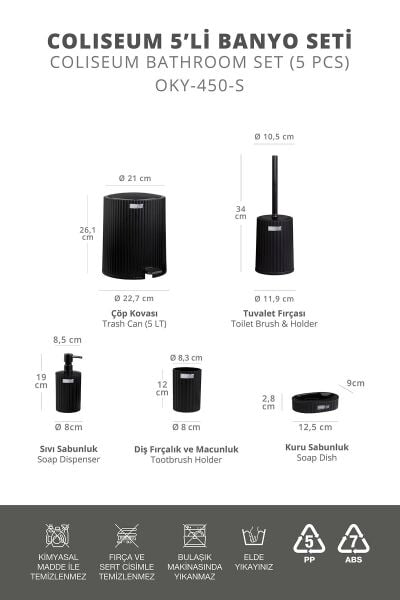 Okyanus Home Coliseum Siyah İç Kovalı Pedallı 5'li Banyo Seti