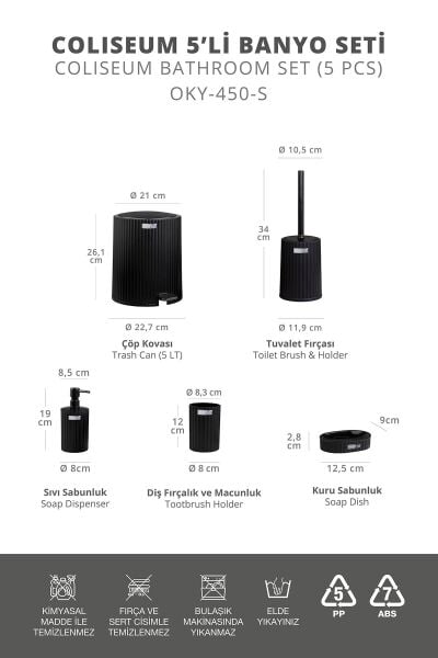 Okyanus Home Coliseum Siyah İç Kovalı Pedallı 5'li Banyo Seti